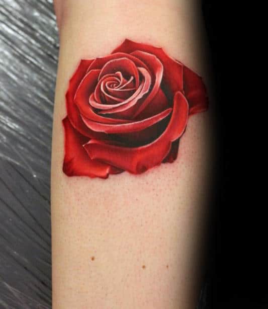 Realistic red rose tattoo on a forearm