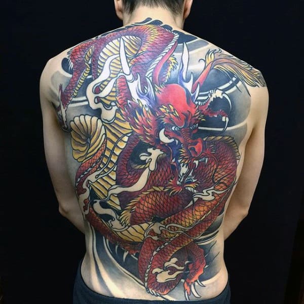 Red And Yellow Dragon Guys Full Back Tattoos