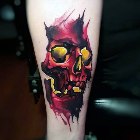 Red And Yellow Ink 3d Inner Forearm Watercolor Skull Guys Tattoos