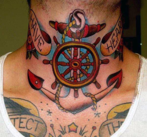 Red And Yellow Ink Mens Ship Wheel Tattoo With Anchor On Neck