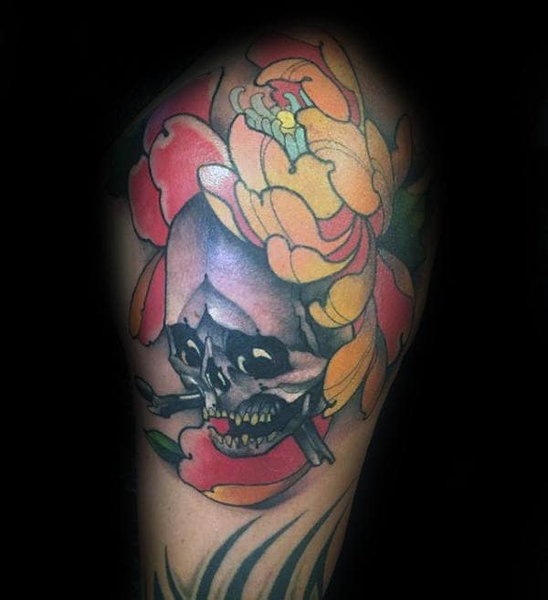 Red And Yellow Peony Skull Mens Upper Arm Tattoos