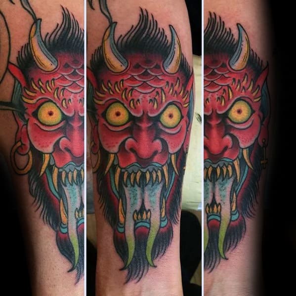 Red Angry Traditional Devil Mens Inner Forearm Tattoo