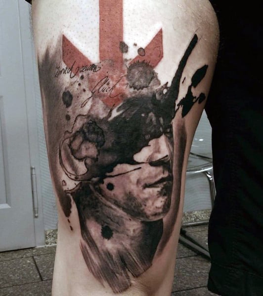 Red Arrow And Potrait Abstract Tattoo For Men On Legs