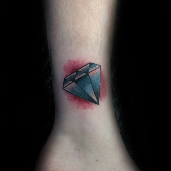 Red Background With Blue Diamond Mens Small Traditional Lower Leg Tattoo