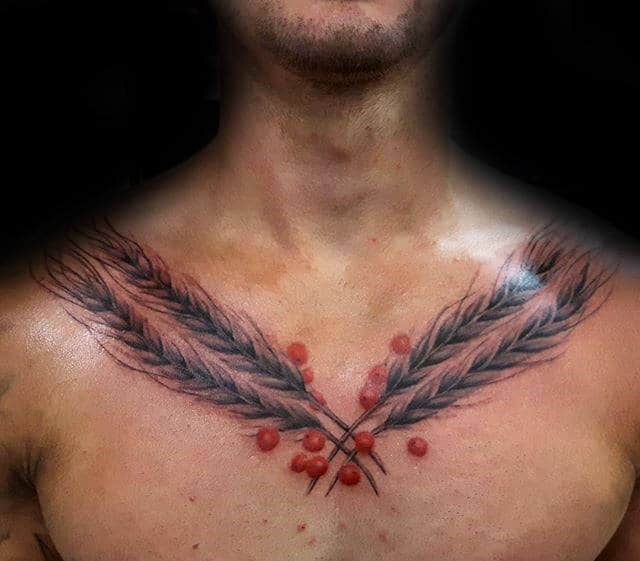 Red Berries With Wheat Stalks Male Upper Chest Tattoos