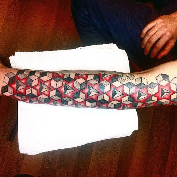 Red Black 3D Traingles And Cubes Tattoo Male Forearms