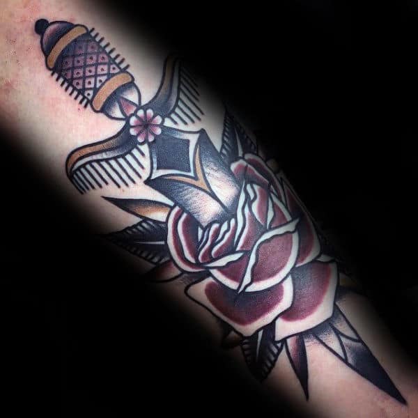 Red Black And Gold Traditional Dagger Rose Mens Forearm Tattoos