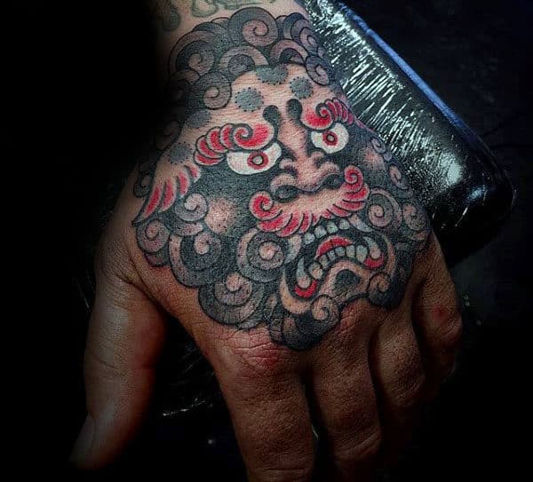 Red Black And White Ink Mens Foo Dog Hand Tatotos