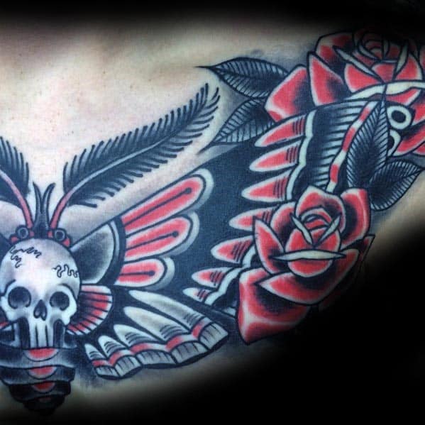 Red Black And White Mens Old School Traditional Moth Chest Tattoo