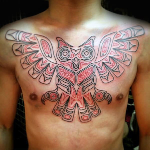 Red Blak Haida Owl Tattoo Male Chest