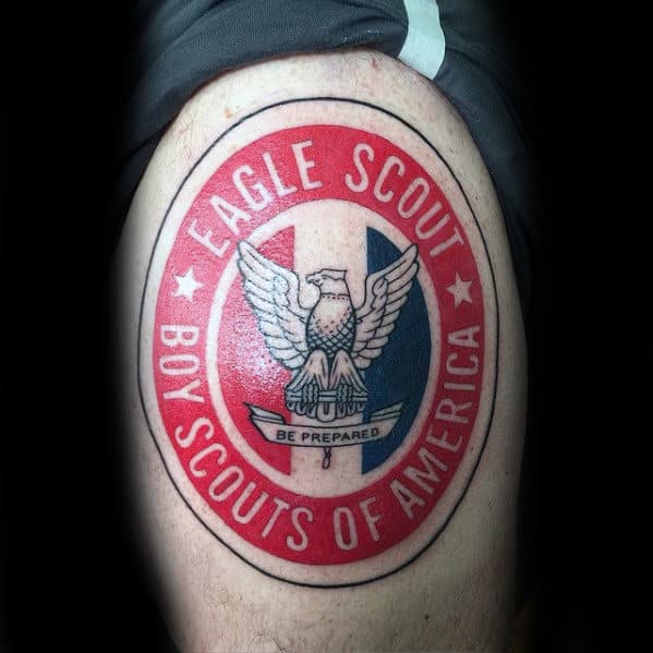 Red Blue And Black Ink Guys Eagle Scout Boy Scouts Of America Tattoo On Arm