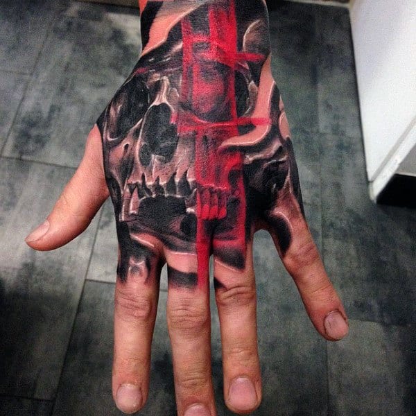 Red Brush Stroke Ink Over Skull Hand Tattoos For Males