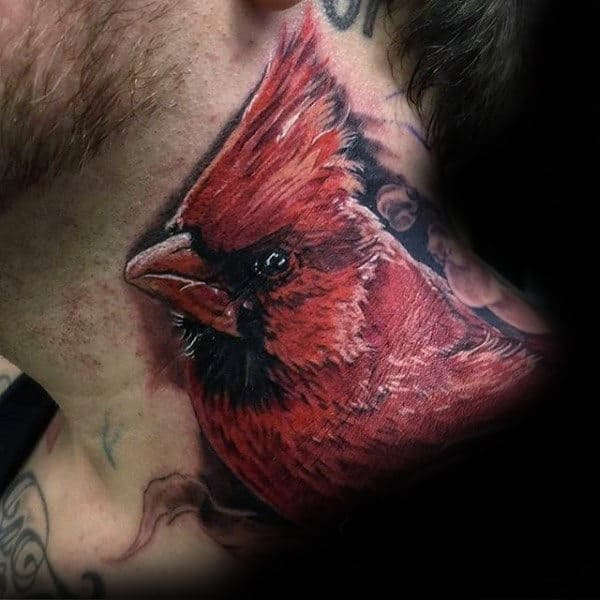 Red Cardinal Bird Male Neck Tattoos