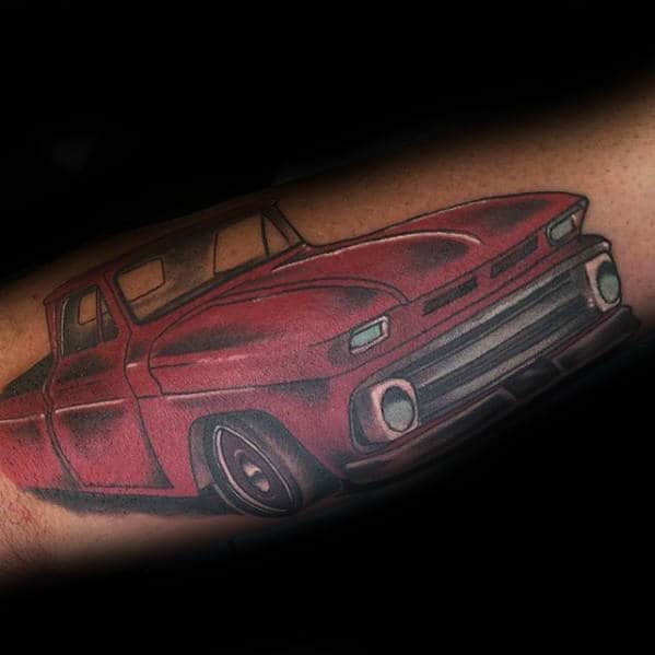 Red Chevrolet Truck Guys Old School Outer Forearm Tattoos