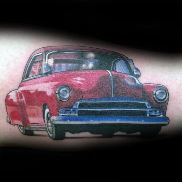 Red Chevy Coupe Mens Vintage Car Tattoo On Arm