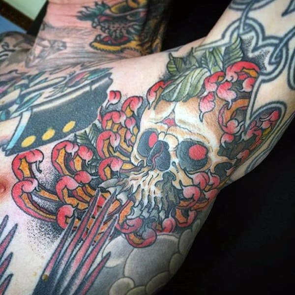 Red Crawling Fingers And Skull Tattoo Male Armpits
