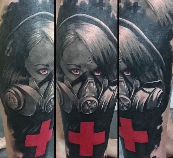 Red Cross Gas Mask Tattoo For Men On Forearm
