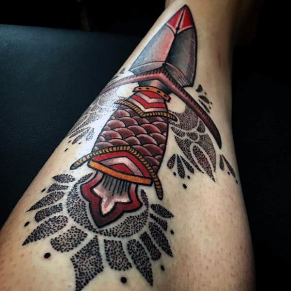 Red Dagger And Dotted Design Tattoo Male Legs