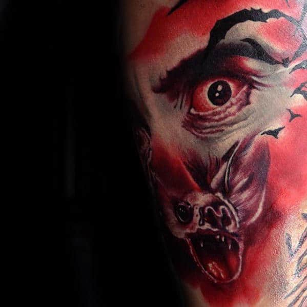 Red Dracula Eye With Bat Mens Arm Tattoo