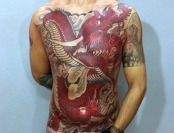 Red Dragon Male Full Chest Tattoo Designs