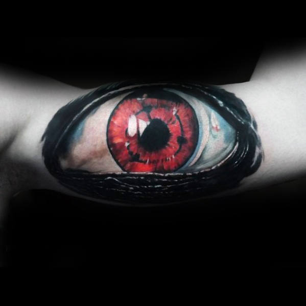 Red Eye Male Realistic Arm Tattoo Inspiration
