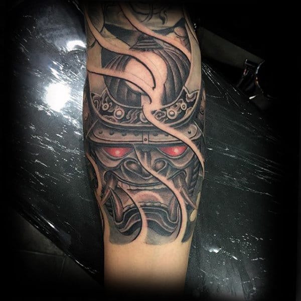 Red Eye Samurai Helmet Male Arm Tattoo Designs