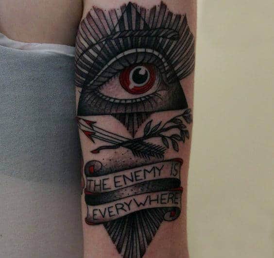 Red Eyed Illuminati Tattoo Quote Male Forearms