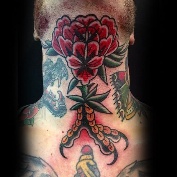 Bold throat tattoo featuring a red and black flower with green leaves, extending into claw-like roots in a traditional tattoo style
