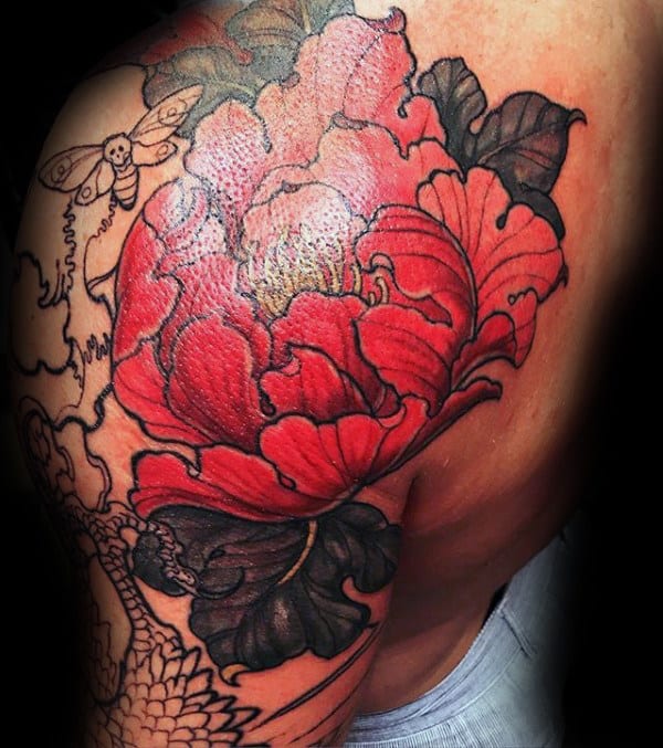 Red Flower Peony Mens Shoulder Tattoos