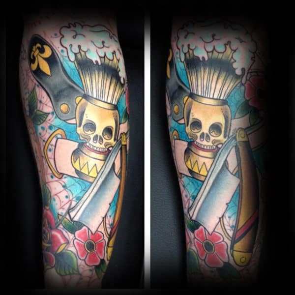 Red Flowers Pale Skull Straight Razor Tattoo Male Forearm