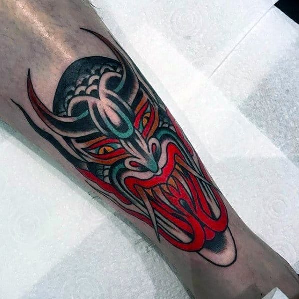 Red Green And Black Ink Mens Traditional Devil Shin Tattoo