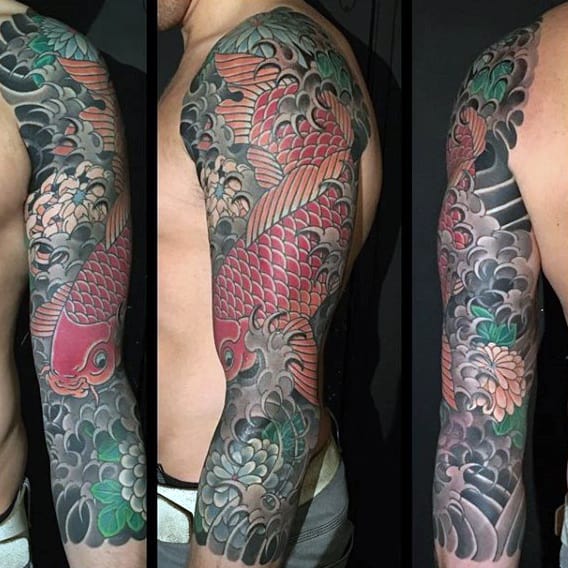 Red Green Dragon Japanese Tattoo On Males Sleeves