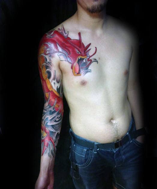 Red Gyarados Mens Full Arm And Upper Chest Tattoo Designs