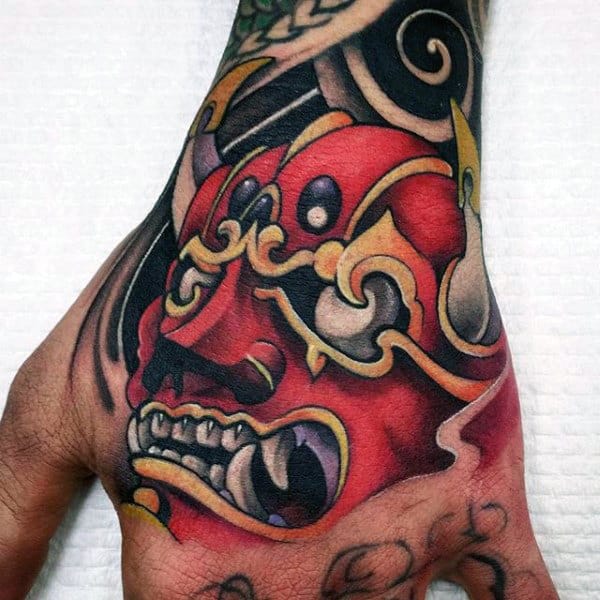 Red Hannya Mask Mens Hand Tattoos