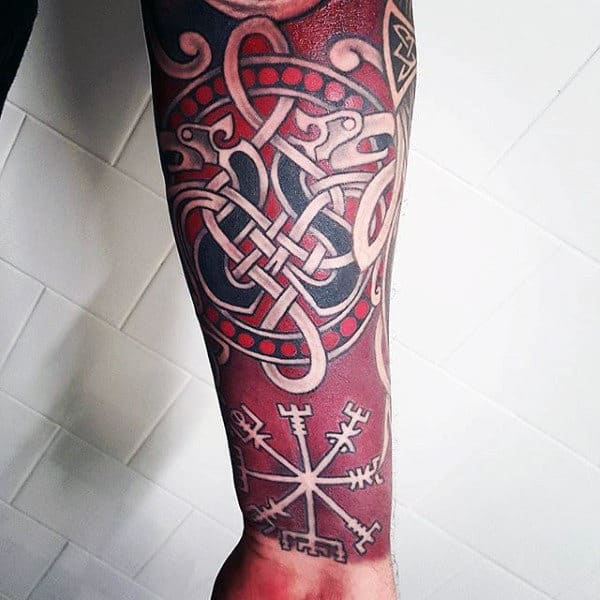 Red Ink Celtic Knot Rune Mens Forearm Sleeve Tattoo
