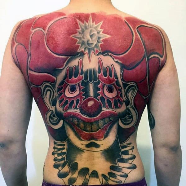 Red Ink Clown Mens Full Back Tattoos