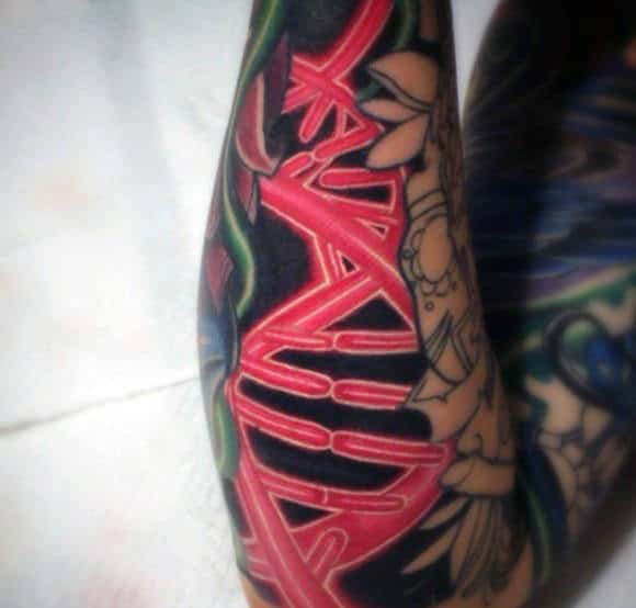 Red Ink Dna Helix Strand Male Forearm Tattoos