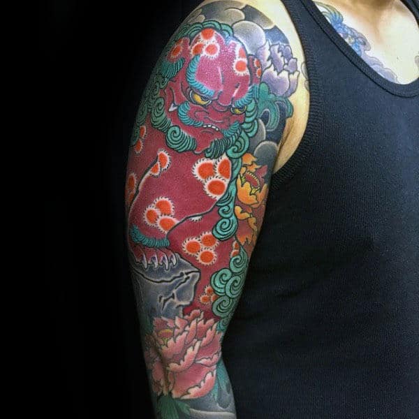 Red Ink Foo Dog Guys Chinese Tattoo Inspiration Sleeve Design