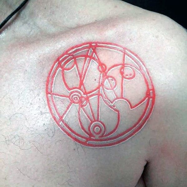 Red Ink Gallifreyan Guys Chest Tattoo
