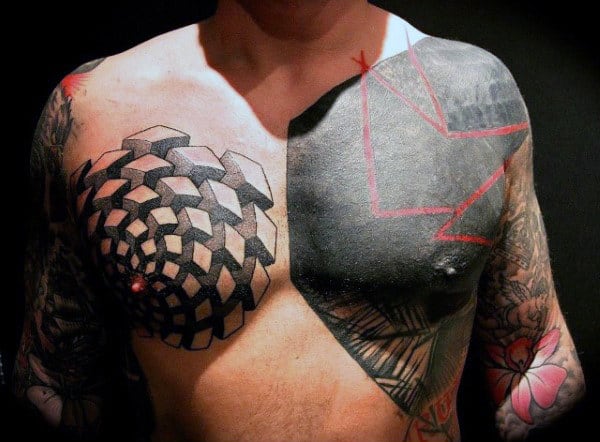 Red Ink Lines Mens Chest Tattoo Blackwork Design Ideas