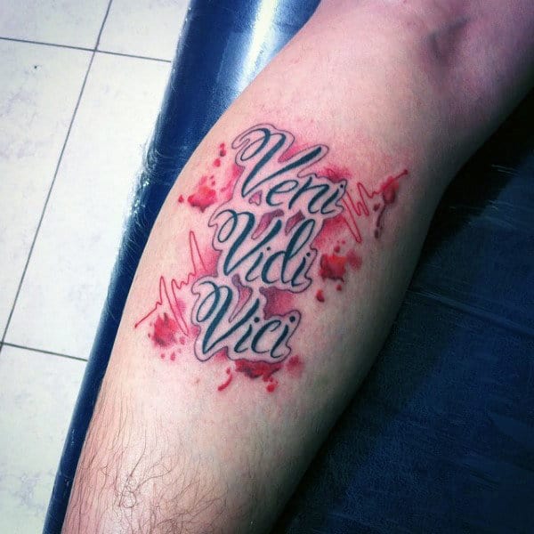 Red Ink Watercolor Veni Vidi Vici Leg Calf Male Tattoos