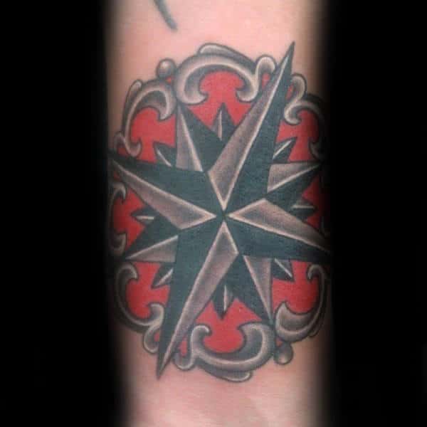 Red Ink With Shaded Nautical Star Male Tattoos