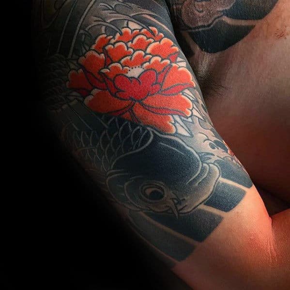 Red Japanese Flower With Koi Fish Mens Quarter Sleeve Tattoo