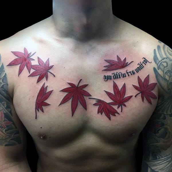 Red Japanese Maple Leaf Mens Chest Tattoos