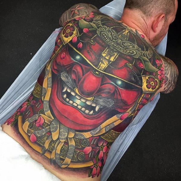 Red Japanese Mask Mens Creative Full Back Tattoo Designs