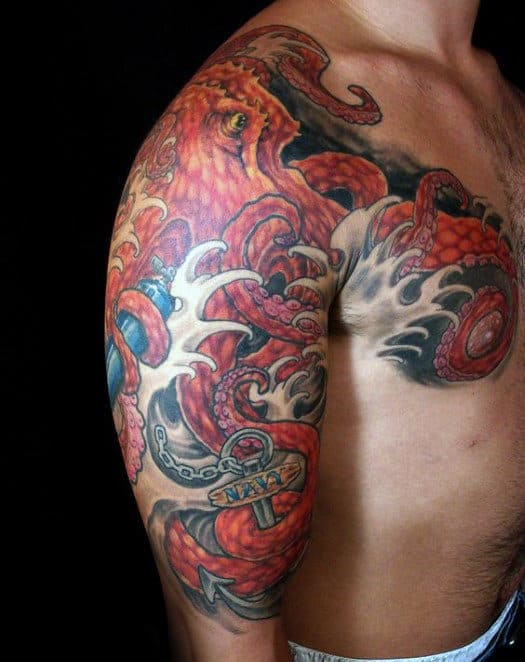 Red Japanese Octopus With Anchor Guys Half Sleeve And Chest Tattoos