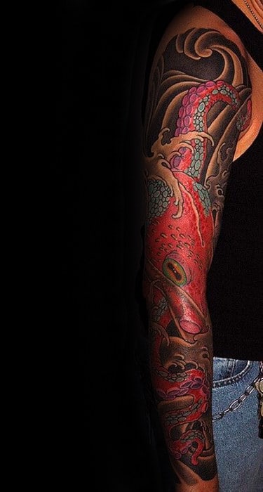 Red Japanese Octopus With Black Ink Waves Mens Full Sleeve Tattoo
