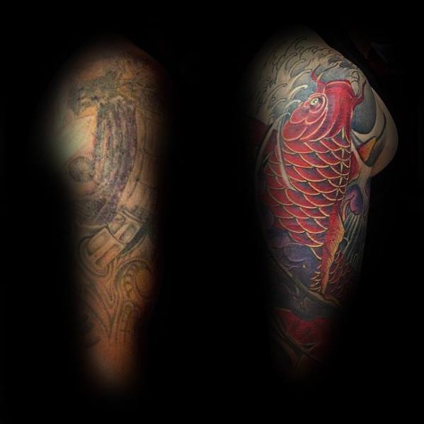 Red Koi Fish Japanese Tattoo Cover Up Sleeve Before And After