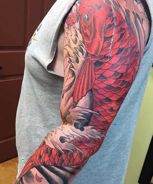 Red Koi Fish Sleeve Tattoo For Men