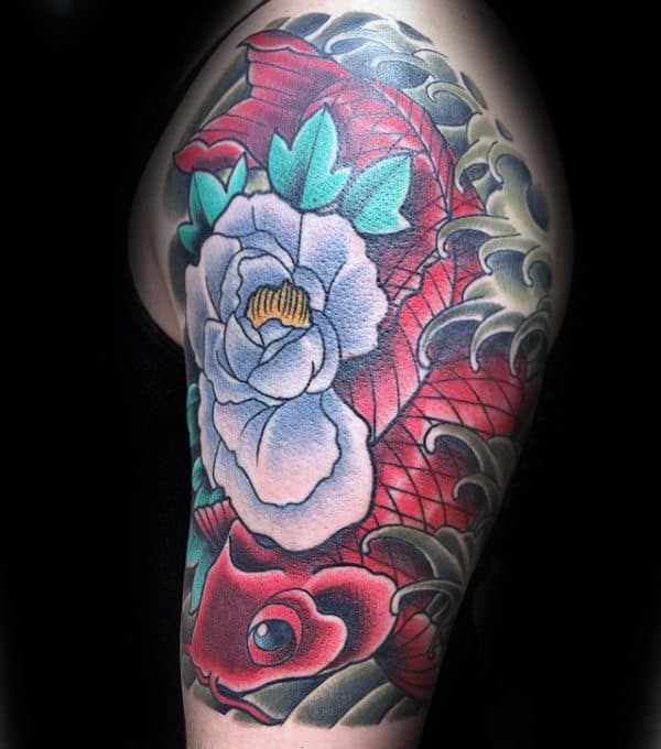 Red Koi Fish With Peony Flower Mens Half Sleeve Tattoo Designs